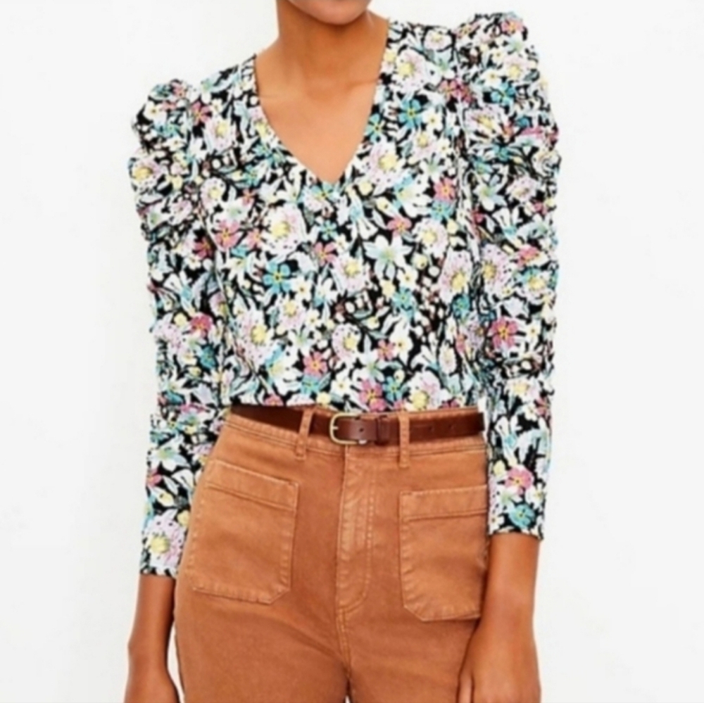 Loft Pullover Top Women's Size XL Green Floral Shirred Puff Sleeve Feminine